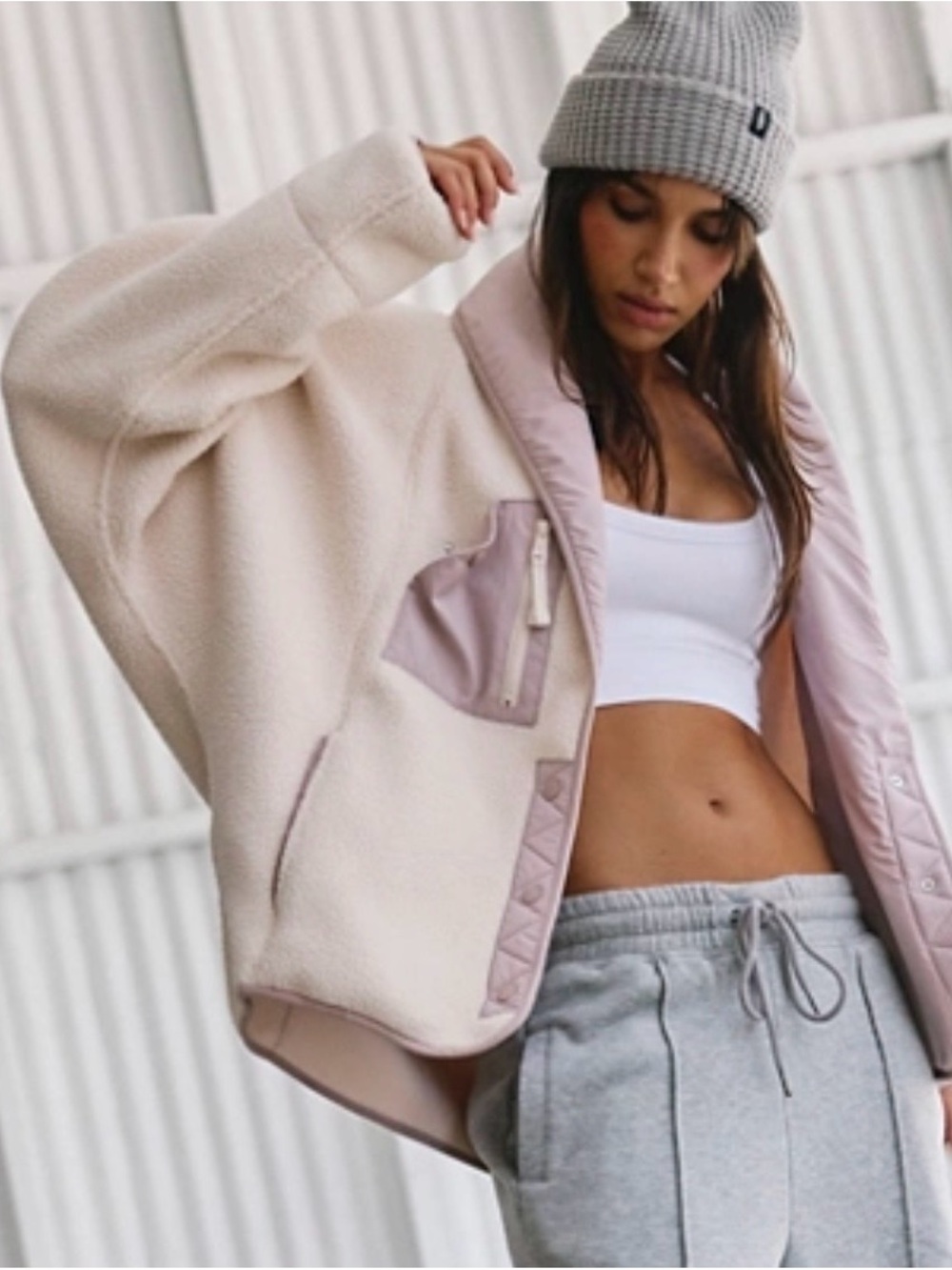 FP Movement by Free People Cream Teddy Sherpa Jacket with Taupe Trim